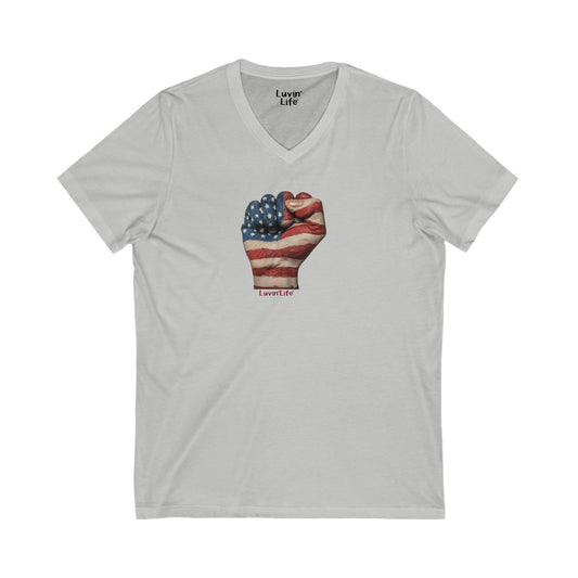 FIST AMERICAN FLAG - Unisex Jersey Short Sleeve V-Neck Tee