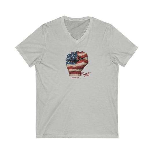 US FLAG PAINTED FIST - Bella+Canvas - Unisex Jersey Short Sleeve V-Neck Tee (2XL)