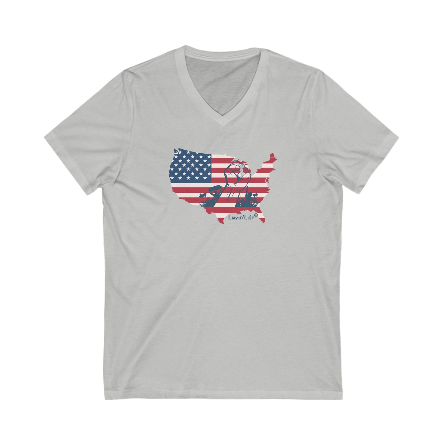 US FLAG MAP & FIST - Bella+Canvas Unisex Jersey Short Sleeve V-Neck Tee (2XL)