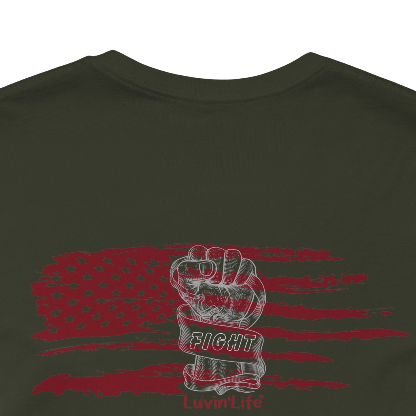 RED FLAG & FIST "FIGHT' - print on back - Unisex Jersey Short Sleeve Tee (5XL)