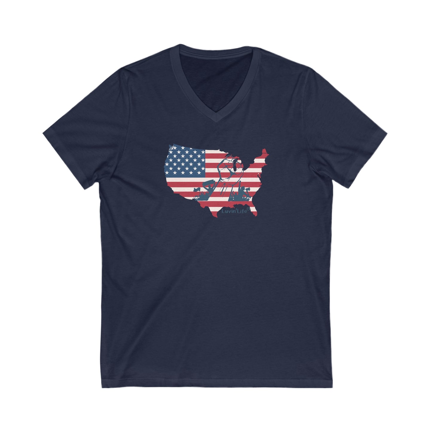 US FLAG MAP & FIST - Bella+Canvas Unisex Jersey Short Sleeve V-Neck Tee (2XL)