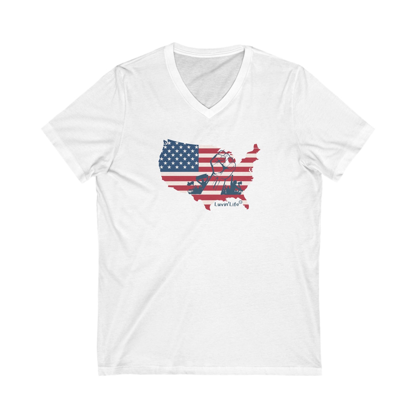 US FLAG MAP & FIST - Bella+Canvas Unisex Jersey Short Sleeve V-Neck Tee (2XL)