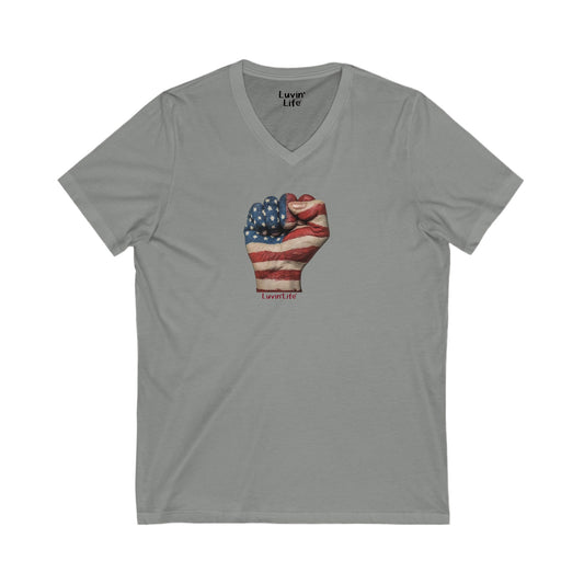 FIST AMERICAN FLAG - Unisex Jersey Short Sleeve V-Neck Tee