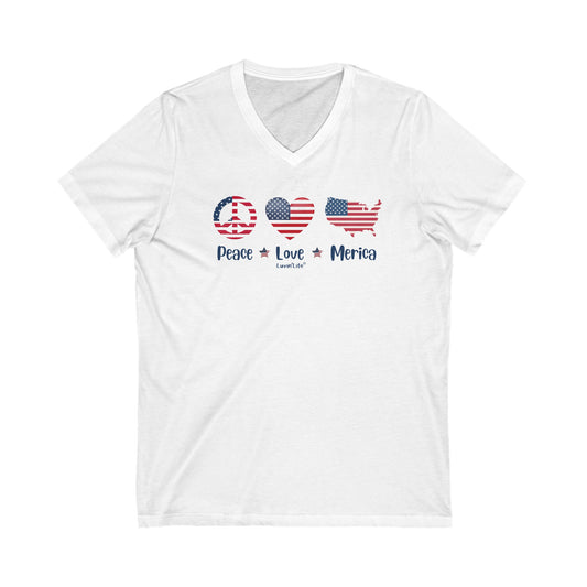 PEACE LOVE MERICA - V-Neck Unisex Jersey Short Sleeve Tee