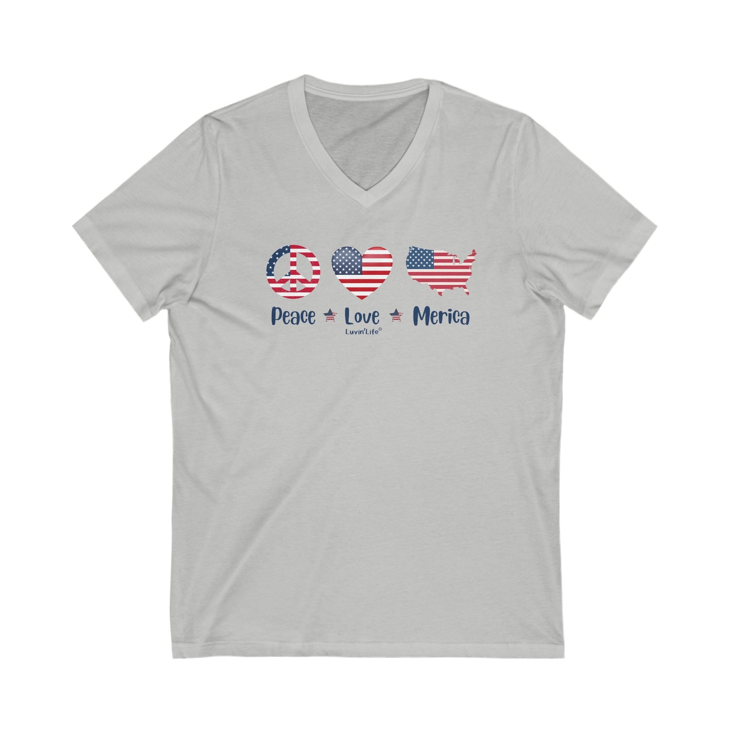 PEACE LOVE MERICA - V-Neck Unisex Jersey Short Sleeve Tee