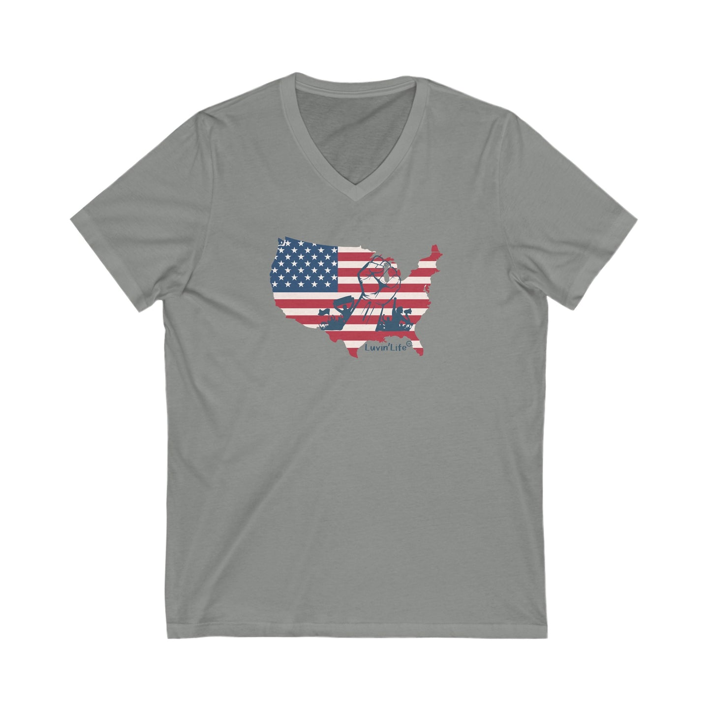 US FLAG MAP & FIST - Bella+Canvas Unisex Jersey Short Sleeve V-Neck Tee (2XL)